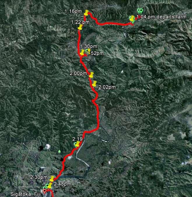 SIGATOKA VALLEY ROAD Of the total trip there was a 6.33 km section (commencing 6.08 km from the farm ) where most of the vibration and impact events were observed (orange) First 2.