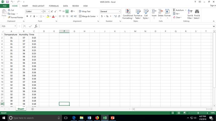 Fig 1.5.3 Temperature and Humidity in excel sheet The recorded humidity and temperature data can be stored in excel sheet. The temperature is sensed as 30 degree Celsius and 32 degree Celsius.
