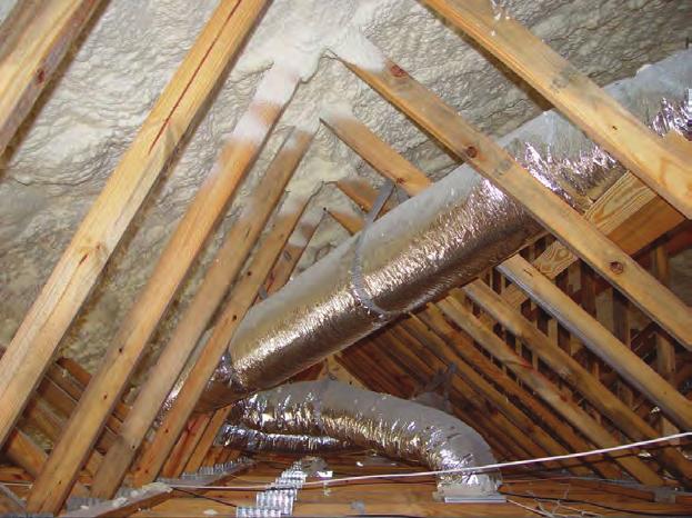 The greatest problem with attic condensation will occur during the daytime when the air conditioning system operates for long periods, causing supply ducts, supply diffusers, and ceiling areas near