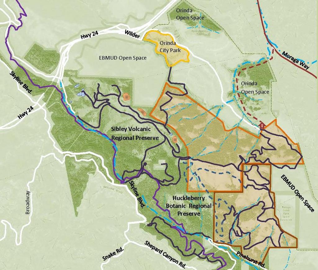 Existing & Planned Access to Sibley Regional Preserve Sibley - Main Staging Area - Skyline Blvd. Parking for 34 cars Sibley Old Tunnel Rd. Parking for 10 cars Huckleberry Preserve Skyline Blvd.