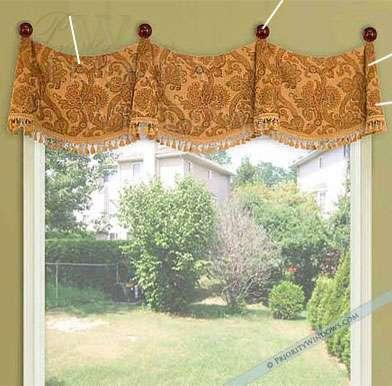 Product Composition flat swags lined in premium white lining drapery medallion installation allows one valance to span across several windows great for bay and bow windows!