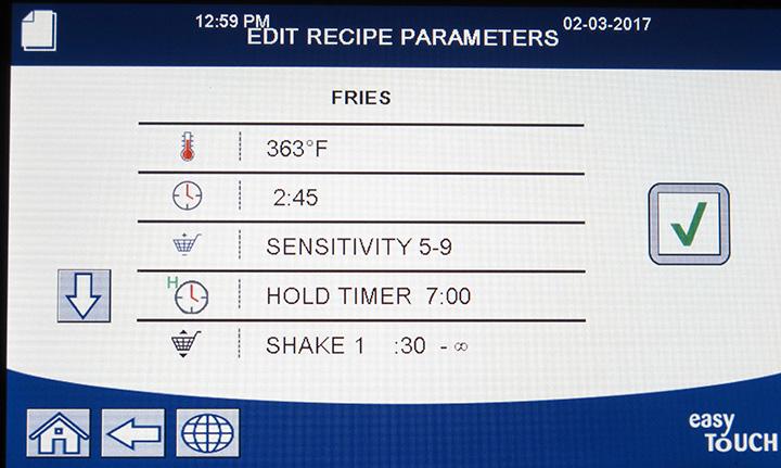 This screen displays the current setpoint, cook time, sensitivity, hold timer, shake