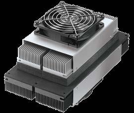 The TEMs are custom designed multistage cascades that achieve a high cooling capacity (Qc) at high temperature differentials (ΔT).