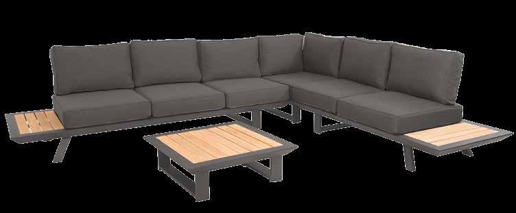 in aluminium with teak. Cushions available in natural and stone grey.