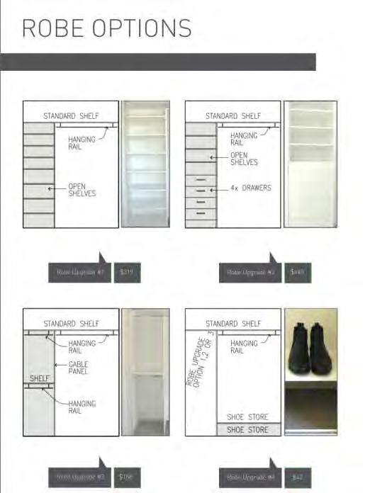 Option #1 - Timber frame with timber slats ROBE UPGRADE 1 OPEN SHELVING ROBE UPGRADE 3 DOUBLE HANGING ROBE UPGRADE 4 SHOE STORAGE 6 x open