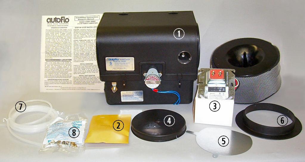 MODEL 800BP PARTS LIST 1. Model 800BP Humidifier 2. Small parts bag containing: a. Two #8 x ¾ sheet metal screws b. Seventeen #8 x 3/8 sheet metal screws c. Strain relief d. Two wire nuts 3.