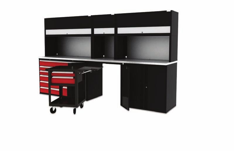 Allow wheeled objects to be stored neatly under the bench behind closed doors Ideal for technician carts, recycle bins, and trash