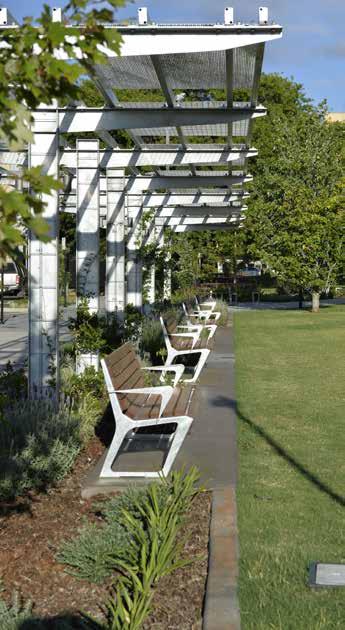 Furphy Foundry manufactured and supplied 16 standard Civic seats, eight Oasis general waste bin surrounds, eight Oasis recycle bin surrounds, 15 Fulcrum benches and three Civic table and bench picnic