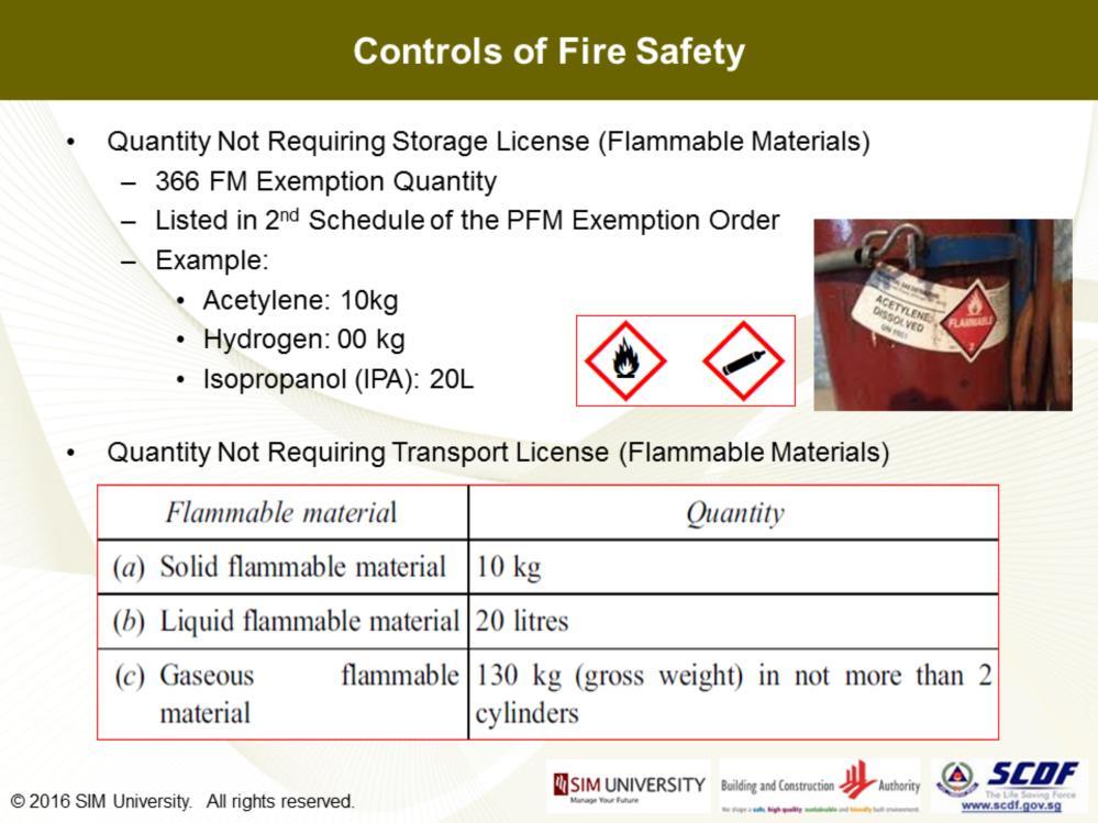 Similarly for the 366 listed flammable materials, the exemption quantity for storage and transport is range from 2, 3, 5 or 10kg, or 20L in quantity.