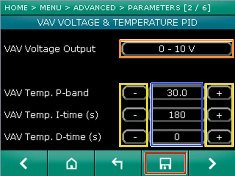 Step 6 Parameters 02 settings Go to Parameters 2/6 menu VAV Voltage Output : To change analog output (AO1) voltage range from 0-10 V to 2 10 V and vice versa press the VAV voltage output button The