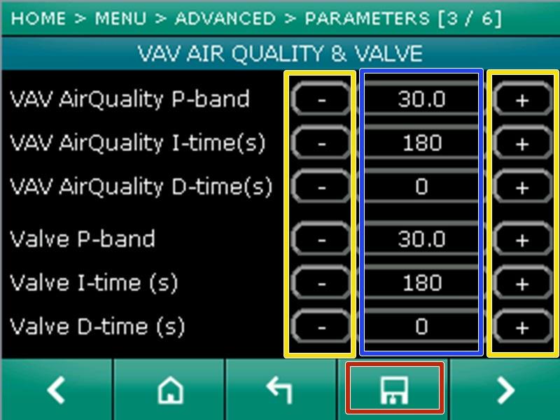 Step 7 Parameters 03 settings Go to Parameters 3/6 menu VAV Air Quality: PID controller for fine tuning CO2 control Valve : PID controller for fine tuning Valve opening
