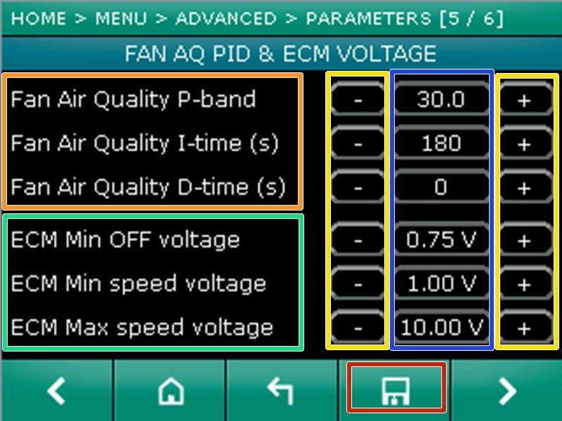 Step 9 Parameters 05 settings VAV Air Quality: PID controller for fine tuning CO2 control ECM: The analog output signal for the EC motor can be configured with three parameters: ECM Min Off voltage: