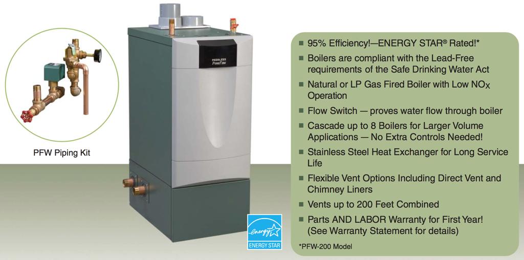 Gas-Fired Modulating Condensing Boiler for Large Volume Domestic Hot Water AFUE 95% Natural Gas or LP 5:1 Turn Ratio Conversion Kit From PF to PFW is Available Example1: PF200 to PFW200