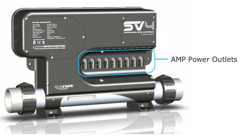 Cable Connections AMP Sockets & Plugs Data Cable Connection Unscrew and remove low voltage connections cover from spa pack enclosure SV series spa controllers utilise AMP mate N lok power connectors.