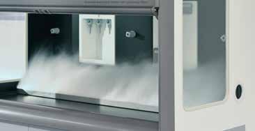 Air flowing through the fume hood is guided through the airfoil-like profile geometry (with low turbulence over the worktop) to the back panel where the safe