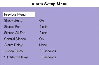 Alarms Alarms Setting Parameter Alarm Limits 1. To access the Alarms Settings Menu press the ALARMS LIMITS key. The main Alarm Settings Menu displays. 2.