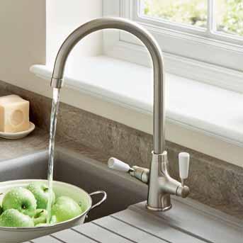 swan neck monobloc tap Brushed Steel Effect with White handles