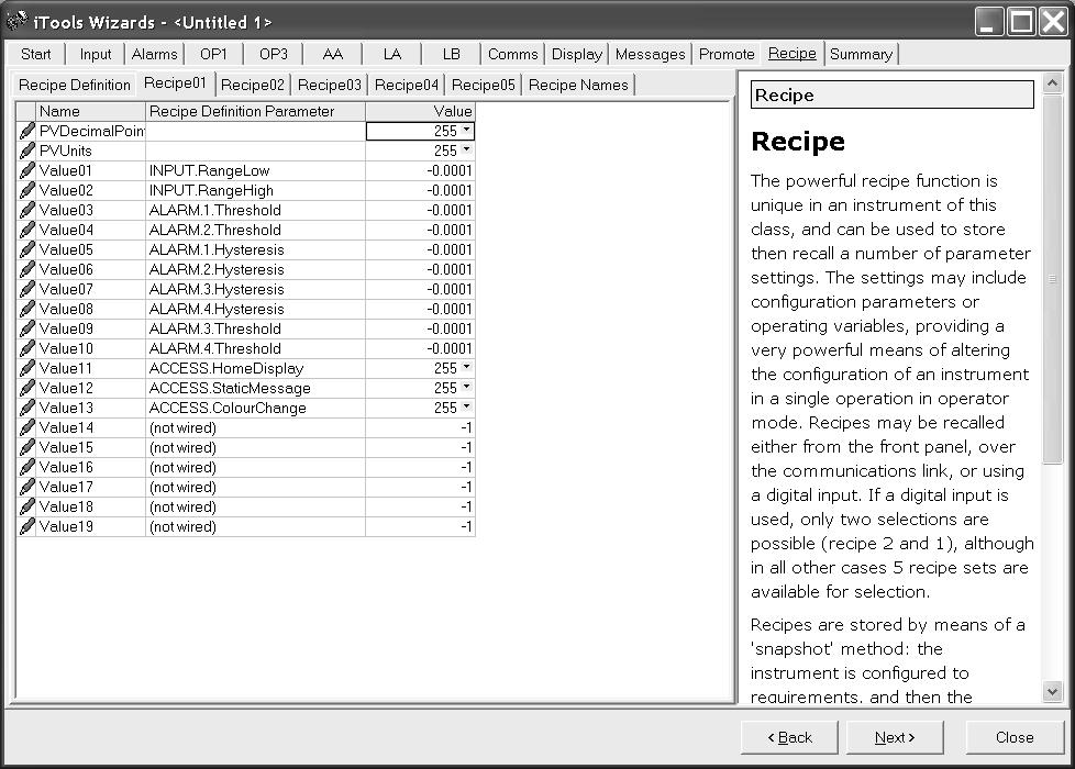 14.4.6 To Set Up Recipes There are five recipes available, which can store a range of parameter values for different processes. Select the Recipe tab 14.4.6.1 Recipe Definition Select Recipe Definition tab to display the default parameters available to be stored in recipe.