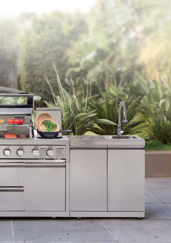 COMPLETE OUTDOOR KITCHEN WITH POWERFUL 6 BURNER BBQ WITH SIDE BURNER, SINK AND STORAGE MODULES WITH BLACK GRANITE BENCH TOPS BBQ FEATURES FULL SIZE COOKING SURFACE (960mm X 480mm), HOOD WITH VIEWING