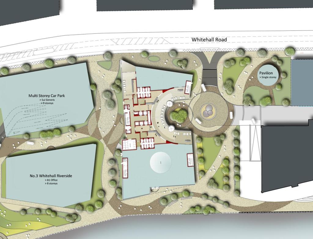 Drop off point leading to entrance court Existing no-build zone Dedicated high quality reception areas New shared surface feature roundabout with sculpture and drop off at