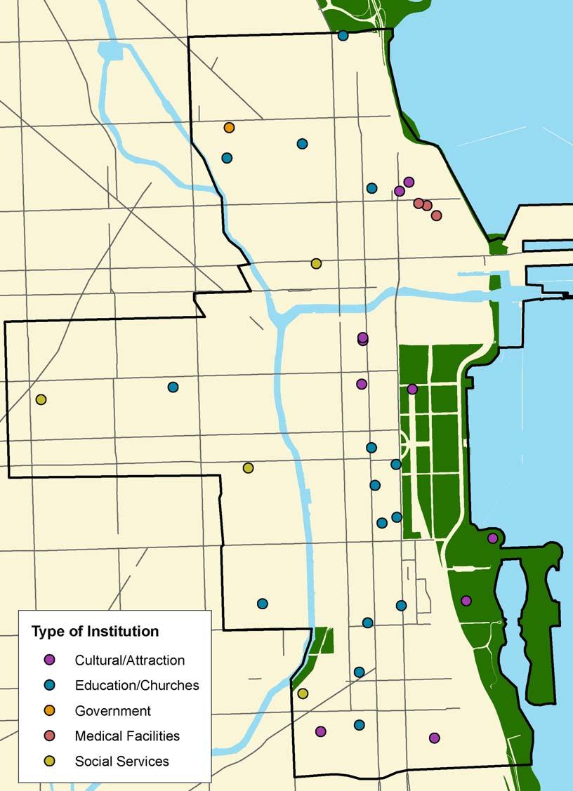 Institutional Development Map shows new or under construction cultural and educational facilities, churches, government buildings, visitor attractions, and medical facilities.