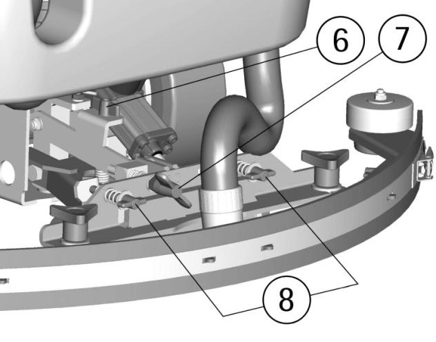 Rotate the registers (8): clockwise to lower the wheels or counterclockwise to raise them. Both wheels must be adjusted in the same measure. SQUEEGEE ASSEMBLY 1.