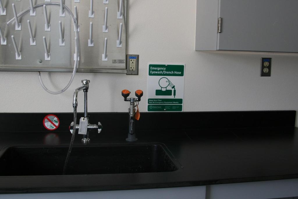 Figure 2: Emergency eye wash station in Lab 1101. Some labs are assigned long-term to our resident research staff. These are currently labs 1003 and 1010.