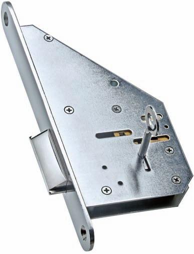 those protecting the entrances to deposit boxes Characteristics Mortise lock with blockable latch, single-bit model Two-turn opening operation: First turn unlocks the latch, second turn retracts the