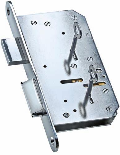 those protecting the entrances to deposit boxes Characteristics Mortise lock with square bolt and blockable latch bolt, single-bit model Two-turn bolt release operation: First turn 11.