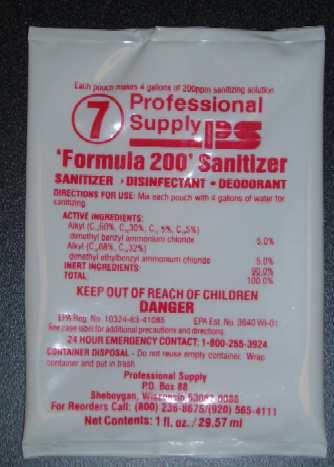 Order # PSPC7 Formula 200 #7 (Sanitizer/Restroom Cleaner) Sanitizing, disinfecting and deodorizing all food surfaces, utensils (pots, pans, glassware, flatware and trays), etc.