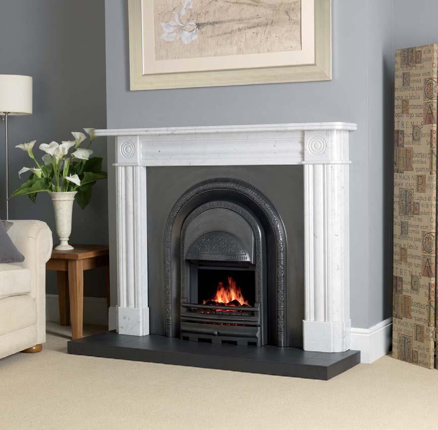 Electric Integra LCD Ashbourne Antique The Ashbourne Electric is shown here in an antique finish creating a nice contrast with the Georgian Roundel mantel in Carrara Italian Marble.