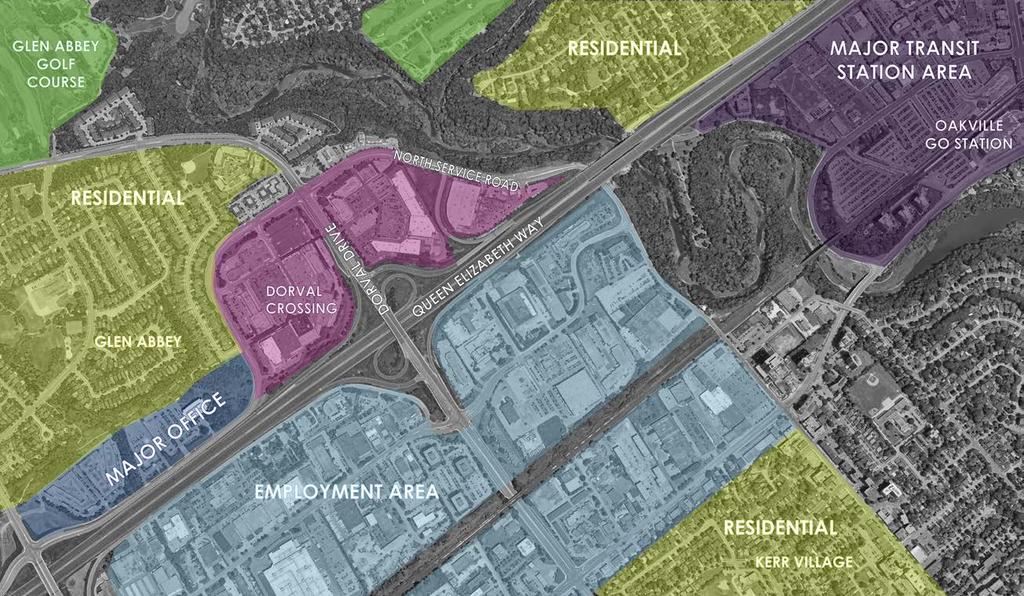 2.4 Surrounding Uses The Subject Site occupies a triangular parcel behind Dorval Crossing East at the northern junction of the QEW exit ramp and North Service Road West, also within the larger Dorval