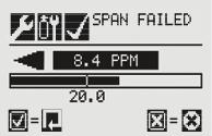 If the calibration is not successful, the Span Failed screen will display.