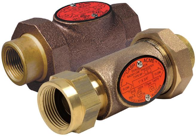 BACKFLOW PREVENTERS BF DUAL CHECK VALVE COMMERCIAL, RESIDENTIAL The Cash Acme BF series dual check valve prevents polluted water from entering the potable water supply system by preventing the