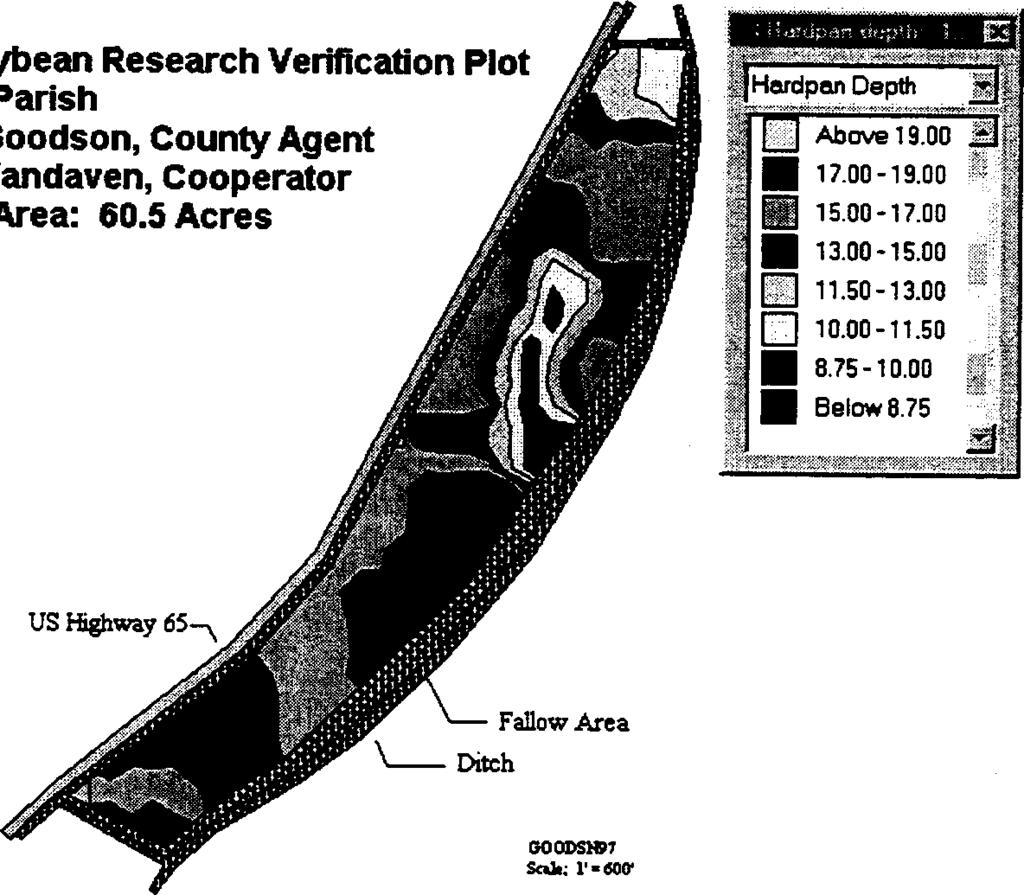 Tensas Parish - St Joseph, LA Area: Hardpan depth was evaluated using 2.4-acre grids in a 60.5-acre field on October 16, 1997.