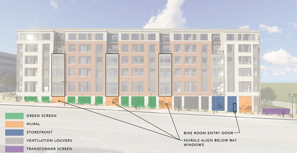 Figure 6: Illustrative Elevation of the Proposed Building as seen from Marinelli Road, highlighting façade activation strategies Public Use Space, Active and Passive Recreation Space and Amenities
