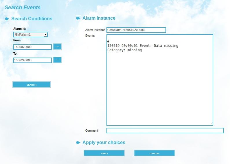 The Airviro User s Reference Airviro version 4.00 Figure 8.8. Event Search The search can be restricted by the Alarm Id and or a period within the alarm was activated.
