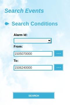 The user can also do a click in SEARCH without setting any restriction at all and the system will show a window with all the information from the events database regarding alarms.