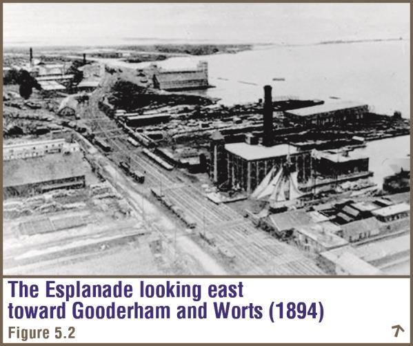 These activities intensified during the second half of the 19 th Century, with the construction of large and small factories, including Gooderham and Worts Distillery, piers and wharfs, and the