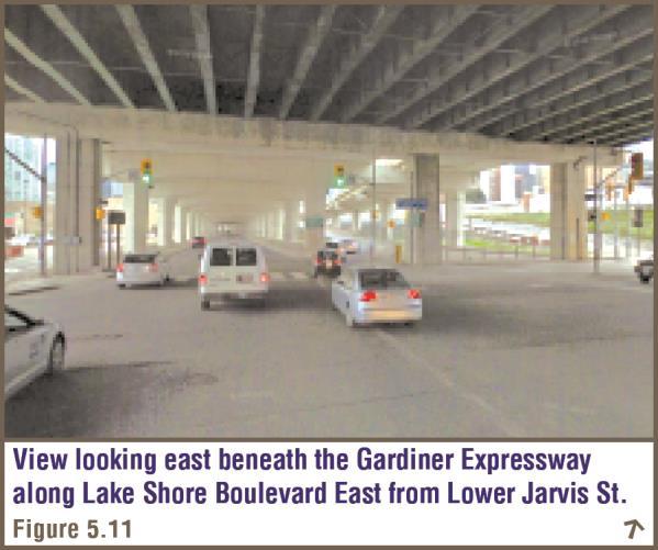 Socio-Economic Background Conditions Report 2014 The quality of the pedestrian environment is hindered by the combination of the rail embankment, Lake Shore Boulevard East and the Gardiner