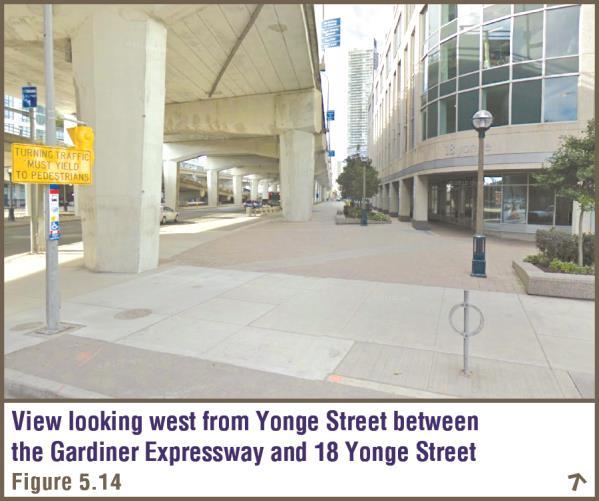 Low planters were built at the back of sidewalks and the pedestrian scaled light fixtures installed along the Yonge Street sidewalk continue uninterrupted beneath the Gardiner viaduct. Figure 5.