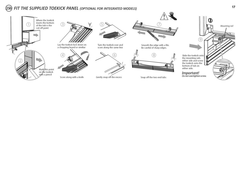 _ HT THE SUPPLED TOEKlCK PANEL (OPTIONAL FORINTEGRATEDMODELS) 17 Where the toekick meets the bottom of the tubisthe cut-off point Mounting roil Lay the toekick fac'e down on a chopping board or