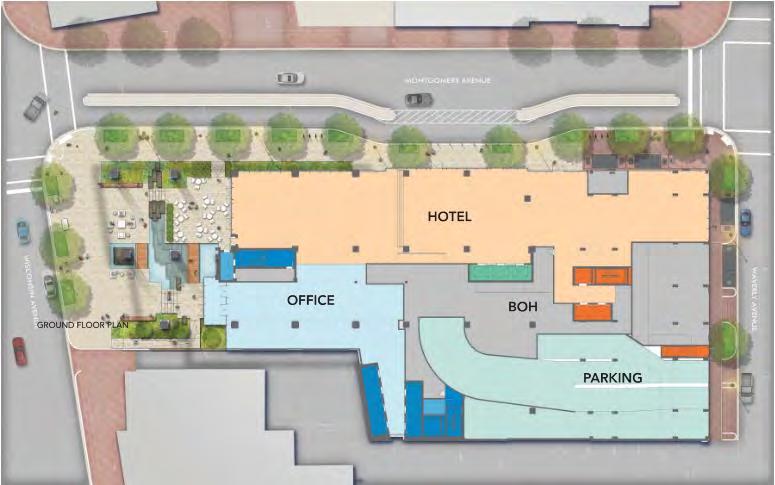 Figure 4 Illustrative Site Plan with Ground Floor Uses On the upper floors the office use occupies the