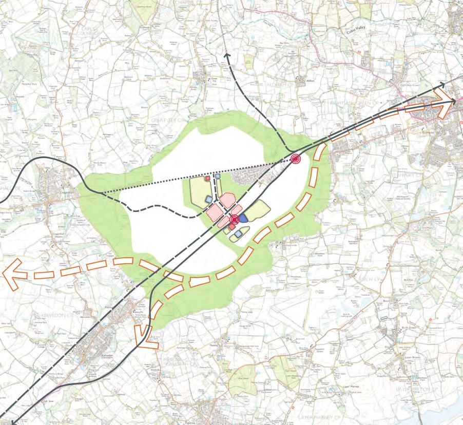 This junction would be an interim strategic design solution pending any formal re-routing of the A120 and/or the A12 but would have a long-term role as a development road serving the new community.