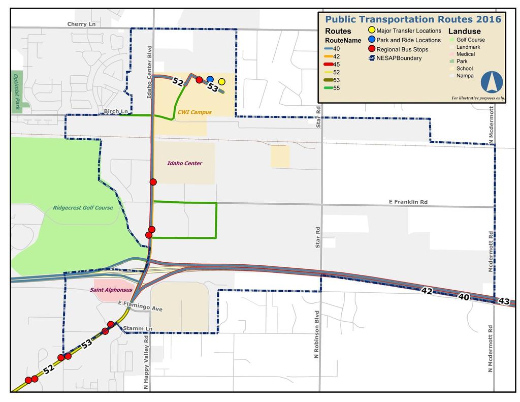 DRAFT-Movement Connecting the District Bus and Transit Figure 9: Public Transportation Routes and Stops 2016 Today, the Northeast Nampa Gateway district is served by buses along Idaho Center and