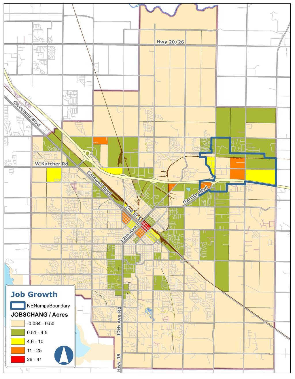 DRAFT-Northeast Nampa Gateway District-Introduction Figure 2: Forecasted Job Change 2010 2040 Little change is expected in beige areas, green areas are expected to see moderate job growth.