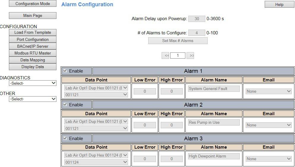 Alarm Configuration 1. Click on the Other dropdown menu and select Alarm Configuration. Click on the Configuration Mode button to edit the alarm settings. 2. To enable an alarm, check the enable box.