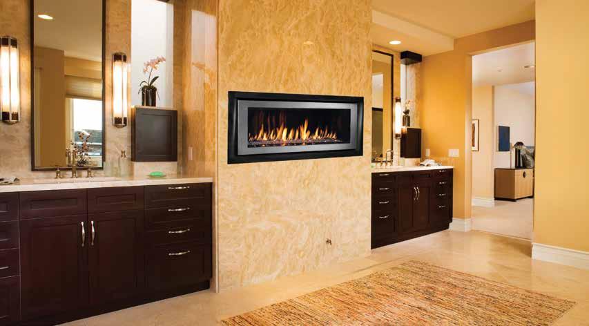 FEATURED Rhapsody 42 with Black Satin Surround, Brushed Nickel Bezel, designer floor and Copper Media The Rhapsody direct vent gas fireplace is a contemporary linear design for a sleek and dramatic