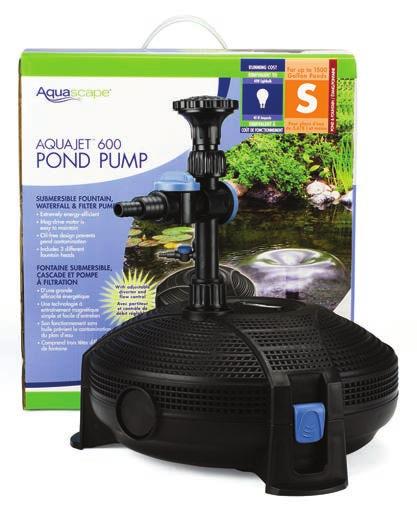 AquaJet Pumps Submersible fountain, waterfall and filter pump (available in flow rates from 600 to 2,000 GPH / 2,271 to 7,570 LPH) AquaJet fountain and filter pumps are ideal for small to medium-size