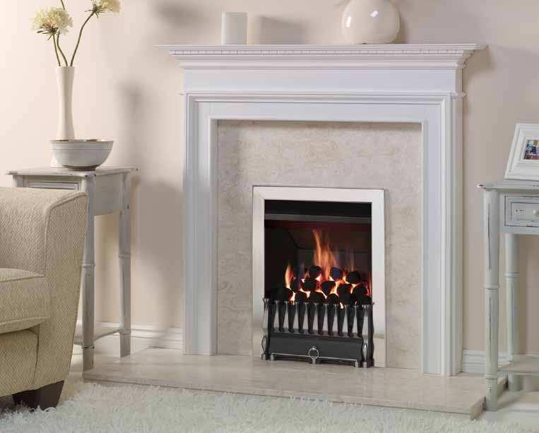 VFC Convector fire with highlight polished Spanish front and Polished Stainless Steel Profil frame. Also shown: Small Kensington mantel from Stovax.